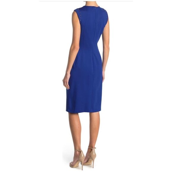 Tahari Womens Cobalt Blue Sleeveless Studded Ponte Knit Sheath Dress Sz 10 New - Picture 2 of 9